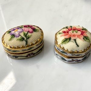 Vintage Petit Point Embroidered and Cloisonne Enamel Pill Trinket Boxes Set of 2